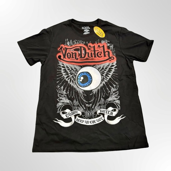 Von Dutch Other - Von Dutch T-Shirt Black "Keep An Eye Out" Graphic Tee Y2K Men's Large